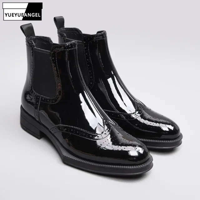 Buy Chelsea Boots Men Top Brand Round Toe Patent