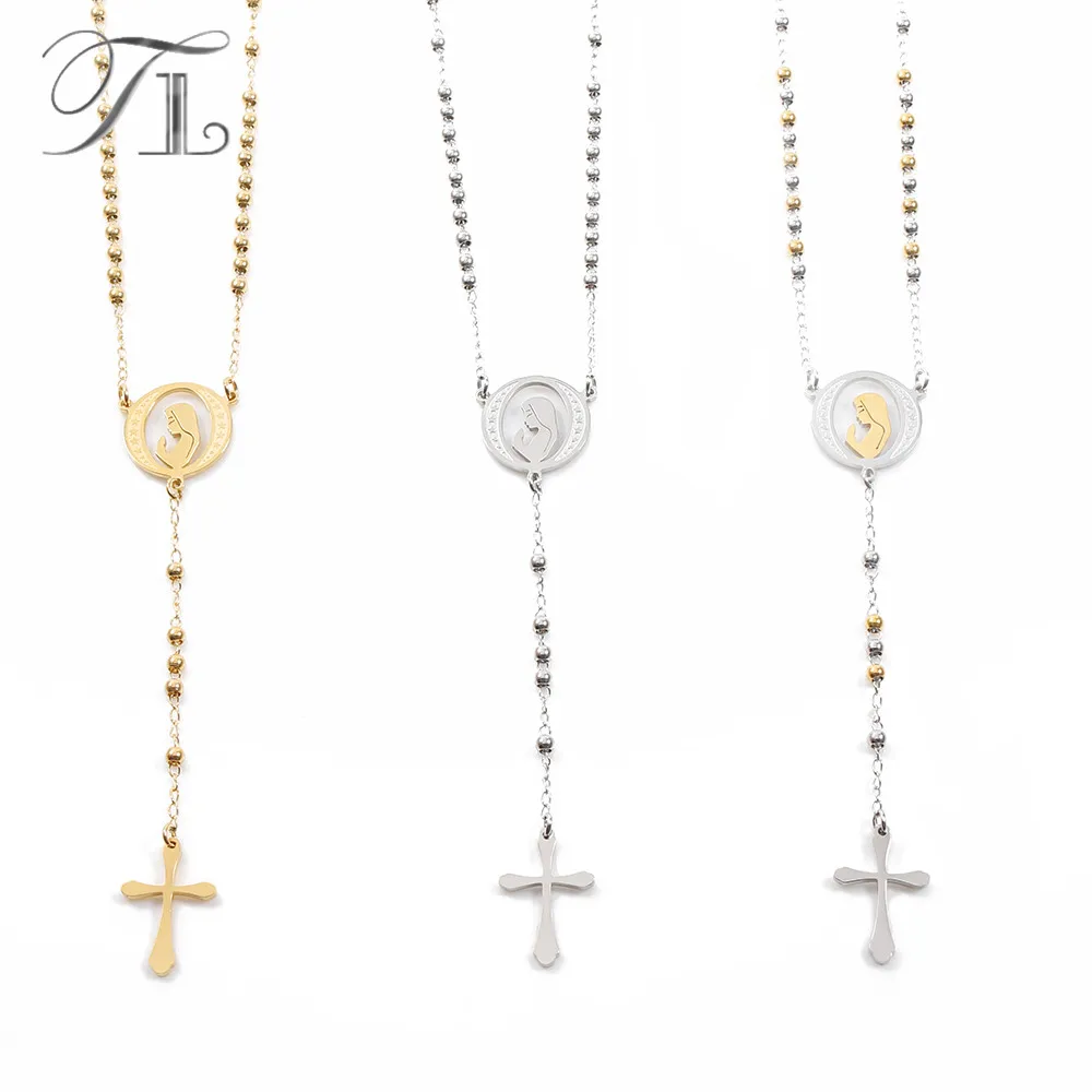 

TL Cross Pendant Necklaces Round Virgin Mary Rosary Pendant Gold/Silver/Mixed Stainless Steel Bead Long Chain Necklace For Women