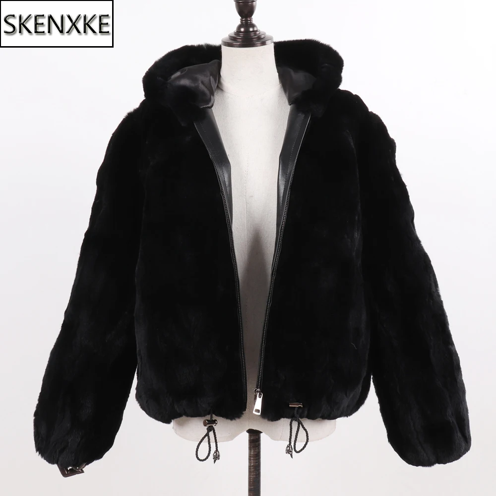 

New Women 100% Natural Rex Rabbit Fur Hooded Coats Winter Russian Lady Warm Real Rex Rabbit Fur Jackets Hot Genuine Fur Overcoat