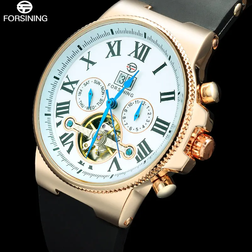 

FORSINING 2017 Men Mechanical Tourbillion Automatic Watches Luxury Brand Fashion Casual Calendar Rose Gold Rubber Wristwatches