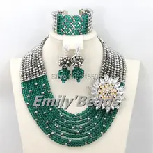 Бирюзовые зеленые нигерийские Свадебные бусы комплект ювелирных изделий Серебро Африканский костюм ожерелье с хрустальными бусинами комплект ювелирных изделий AEJ362