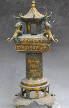 

old chinese bronze Gilt fengshui Dragon beast Tower statue incense burner Censer