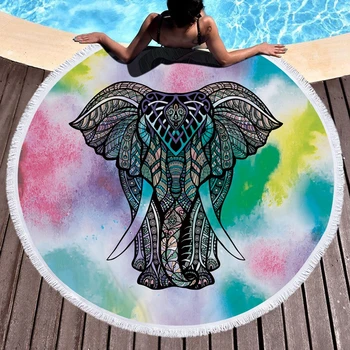 

Summer Elephant Printed Big Round Beach Bath Towels Indian Mandala Style Home Tapestry Yoga Mat Blanket Table Cloth With Tassels