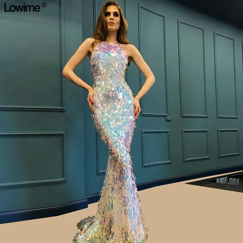 Hot Sexy Halter Abaya Formal Evening Prom Dresses Mermaid Sleeveless Colorful Sequined Fabrc Abiye Gece Elbisesi Vestidos