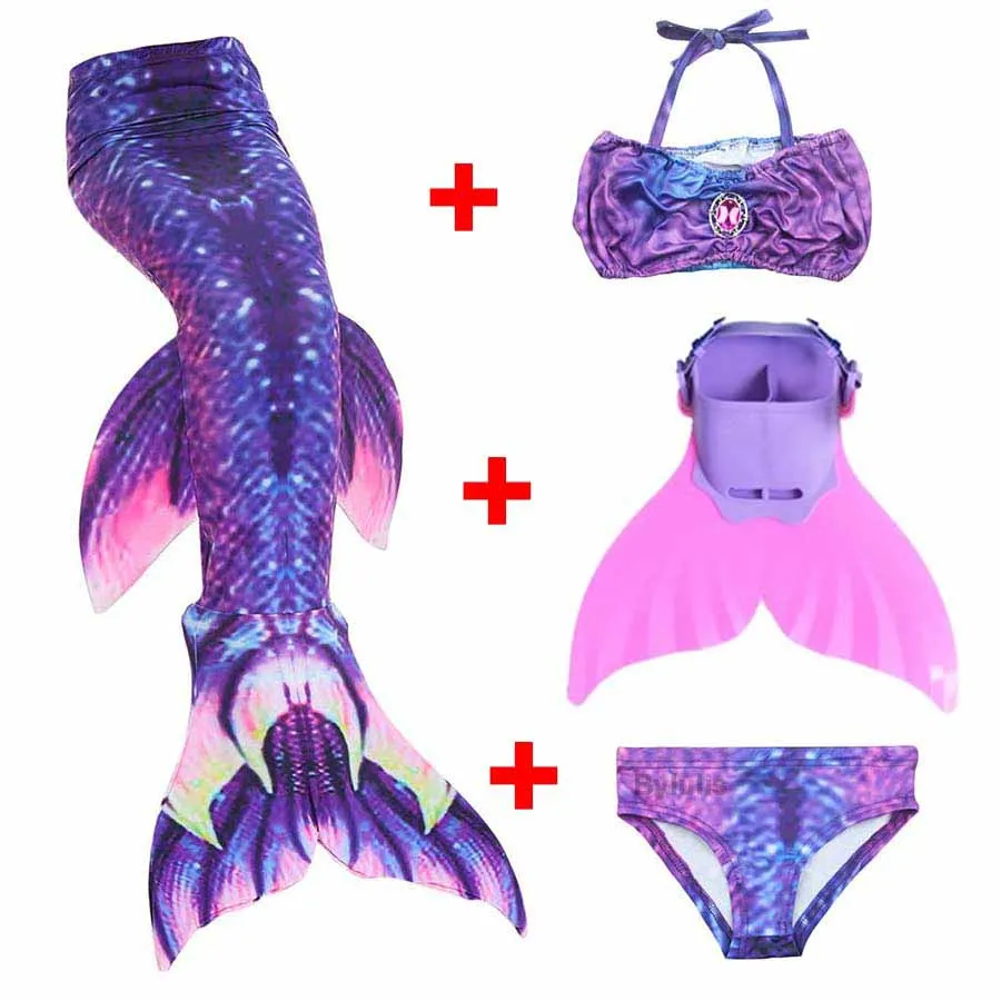 4pcs Set Girls Swimming Dianonds Mermaid Tails With Flipper Monofin