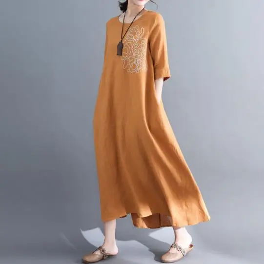 

Women New Elegant Print Red Cotton And Linen Midi Dress Loose Formal Mori Girl Lady Dress Summer 2019 DJ388