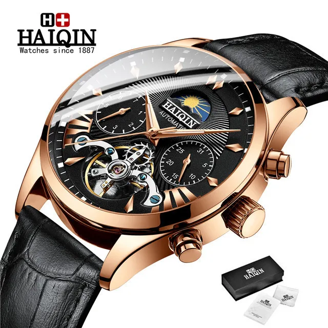 HAIQIN Original Mechanical Watch Unique Men's Watches Waterproof/Military/Sport Wristwatch Male Casual Automatic Wrist Watch Men - Цвет: L-gold black