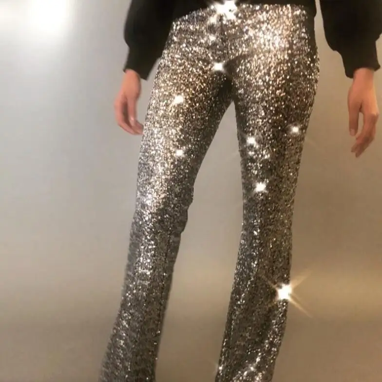 Black Gold Sequin Trousers Women Sparkle Metallic Maxi Ladies Silver High Waist Long Wide Leg PantsClub Wear Stage Dance YFL-085 Black Gold Sequin Trousers Women Sparkle Metallic Maxi Ladies Silver High Waist Long Wide Leg PantsClub Wear Stage Dance YFL-085