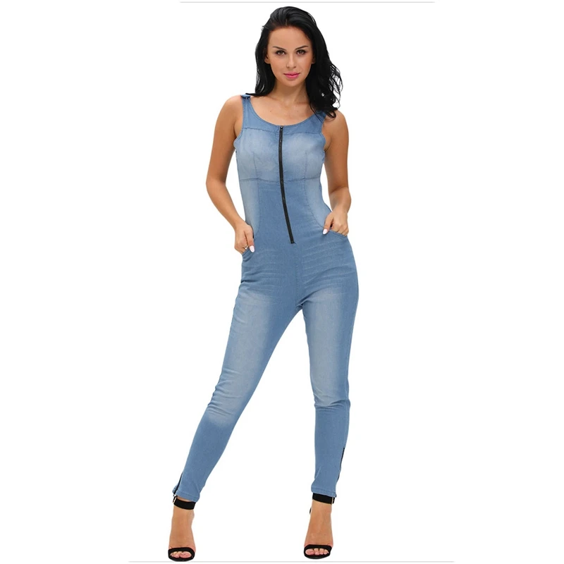 Casual Blue Denim Jumpsuit Women Romper Jumpsuits Sleeveles Zipper ...