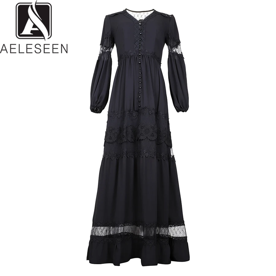 

AELESEEN Vintage Black Dress 2019 Spring Summer Runway Lantern Sleeve Hollow Out Ruffles Flower Embroidery White Long Dress
