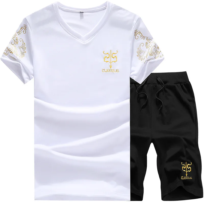 

Two Piece Set Men Short Sleeve T Shirt Top+Shorts Men's Tracksuits 2019 New Causal Men's Sports Suit Tops Short Trousers