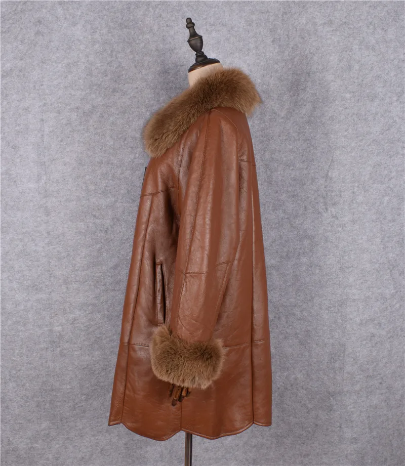 Italy women's genuine lambskin leather overcoat with real fox fur collar wool cashmere lining mommy's warm clothing brown xxxxxl