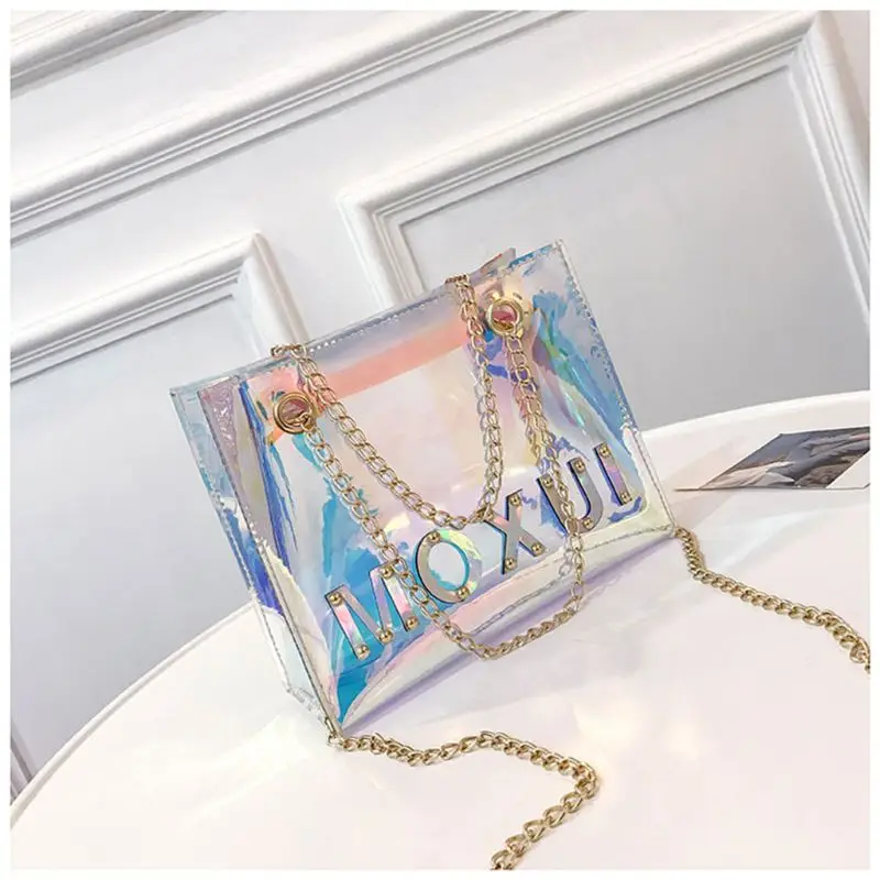

Fashion Summer Laser Shoulder Bag Women Clear Handle Bag 2019 Lady Girls Crossbody Bag With Adjustable Chain Shinny Handbag