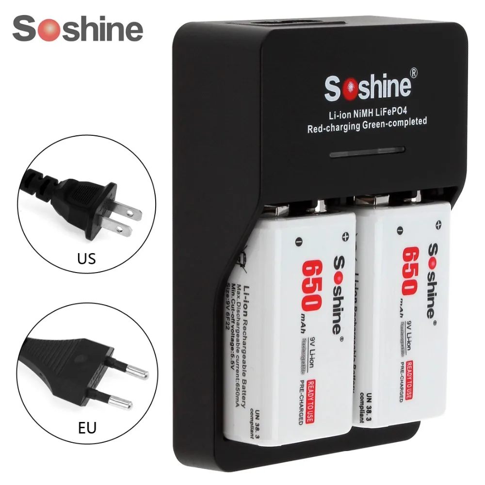 

2pcs Soshine 9V 6F22 650mAh High Capacity Li-ion Rechargeable Battery + 9V Smart Charger with LED Indicator