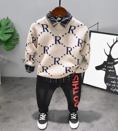 

New Children's Suit Spring And Autumn Children's long-sleeved Sweater + shirt + Jeans 3 sets of Baby Cotton Clothes 2-6 Years
