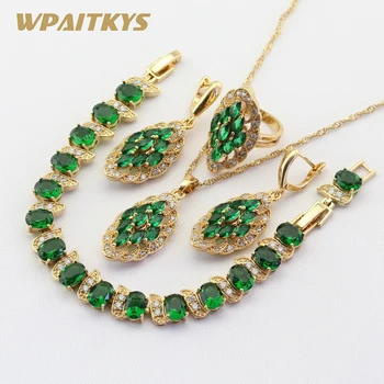 

Gold Color Jewelry Sets For Women Wedding Green Stones CZ Bracelet Earrings Necklace Pendant Rings Free Gift Box WPAITKYS