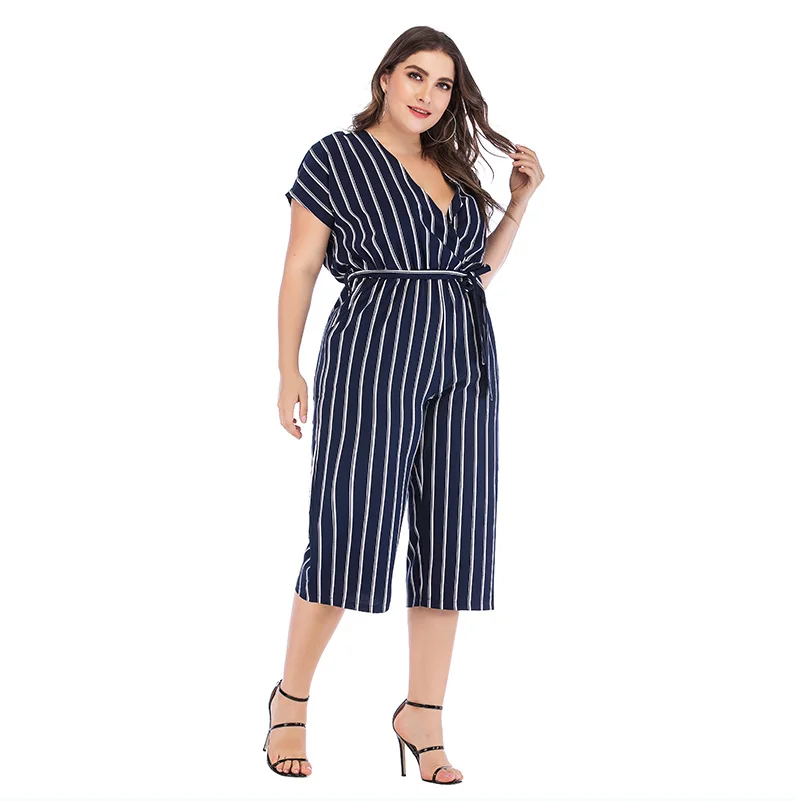 GIBSIE Summer Office Lady Elegant Belted Striped Jumpsuit Women Plus Size Wrap V Neck Casual Pocket Rompers Womens Jumpsuit