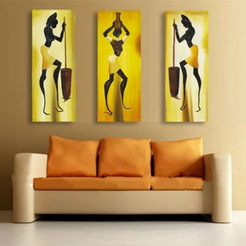 

Modern Home Decor Wall Art Handpainted Abstract Africa Women Oil Painting Handmade Figure Paintings 3 Panel Gold Canvas Pictures