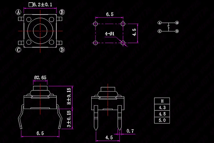 20 шт. 6x6x5/4,3 мм водонепроницаемый бесшумный кнопочный мгновенный тактический переключатель силикагелевая кнопочная Кнопка 4PIN DIP/SMT микрокнопочный переключатель