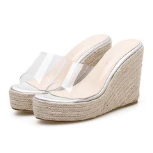 Summer Women Wedges Sandals Gold Silver Slides Transparent Mules Heels 11cm High Heels 4cm Platform Slippers Dress Shoes