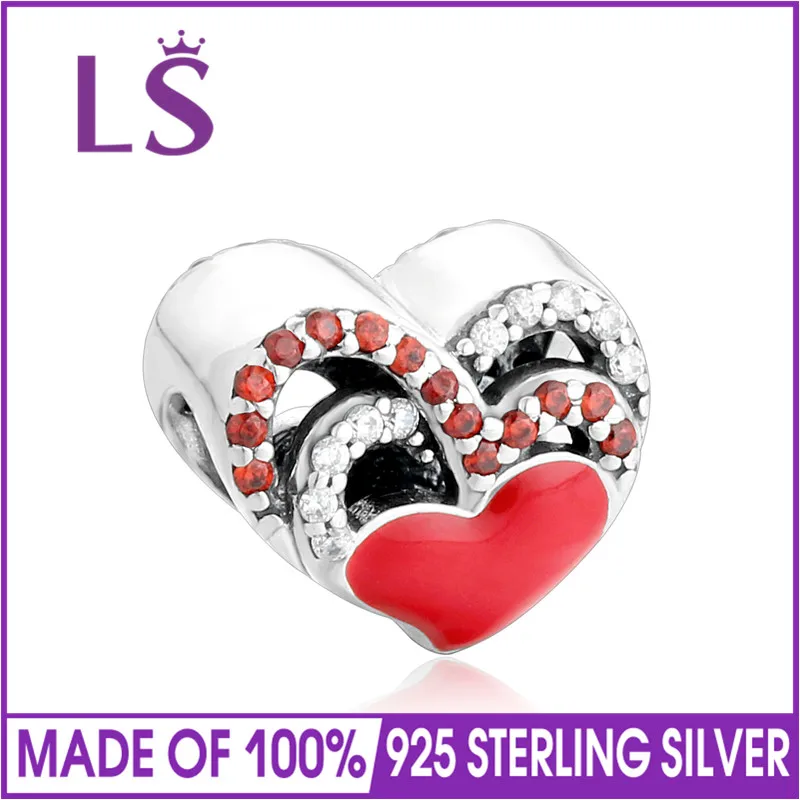 

LS New 925 Sterling Silver Enamel Heart Charm Beads With Red CZ Fit Original Bracelet Necklace Authentic Fine Jewelry 100pcs/lot