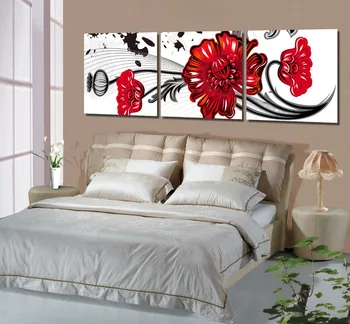 

Free shipping new arrival beautiful red poppies flowers canvas printing 3 pieces modern wall art for cheap