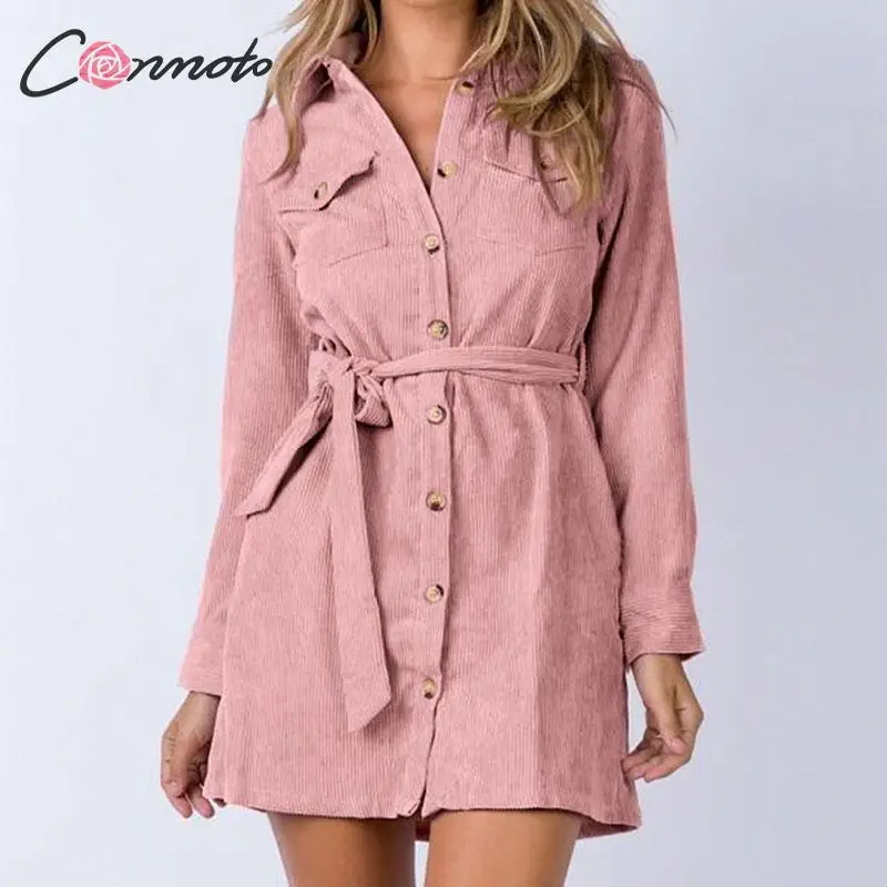 

Conmoto Women Fashion Jacket Dress 2019 Autumn Winter Long Sleeve Corduroy Short Dress Mujer Fashion Shirt Collar Sashes Vestido