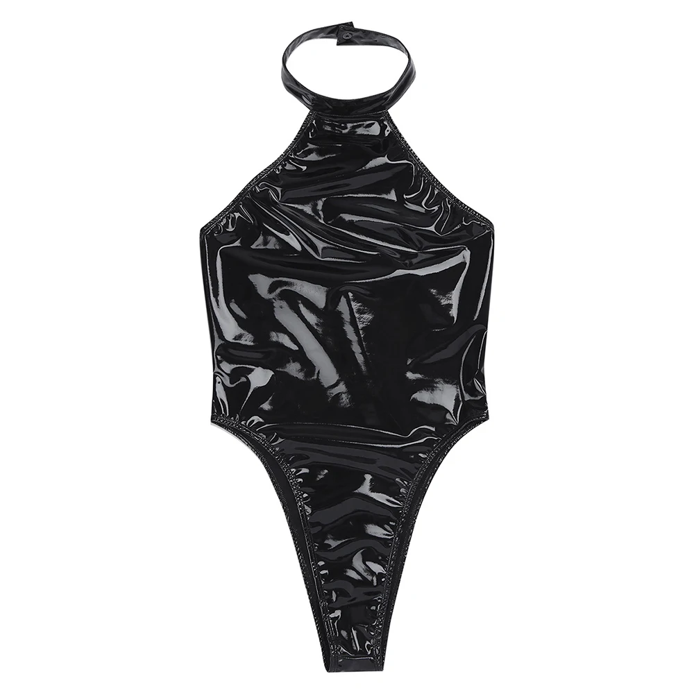 iEFiEL Womens Wetlook Bodystockings High Cut Halter Backless Leotard Bodysuit Sexy Clubwear Bodycon Rompers for Evening Party mesh bodysuit