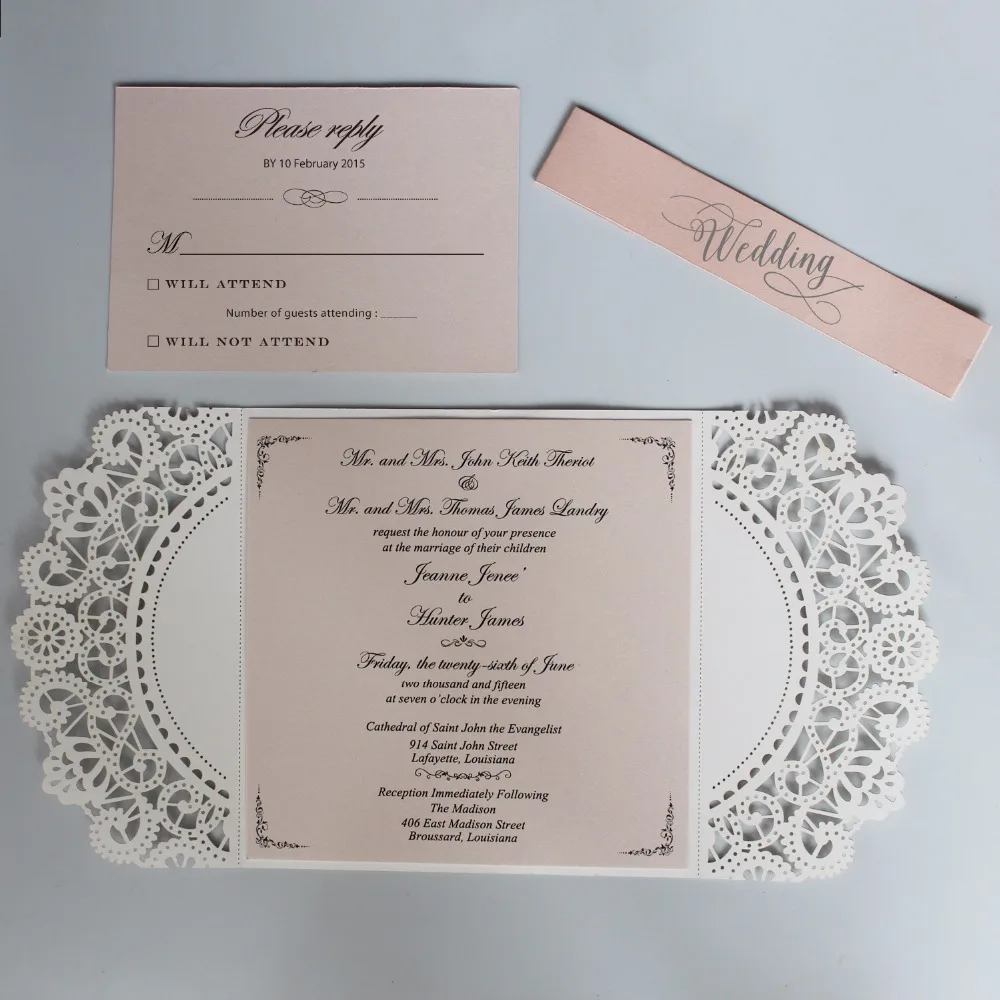  Romantic Wedding Invitation Set Pink Invitation Cards Lace Wedding Invite With Customized wording - - 32904976904