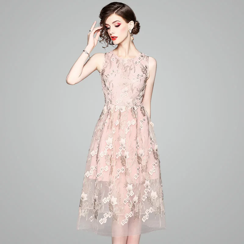 

Summer Dress Midi Women Fashion 2018 New Embroidered O-Neck Sleeveless Slim A-Line Elegant Dress Pink / Light Blue S-XL