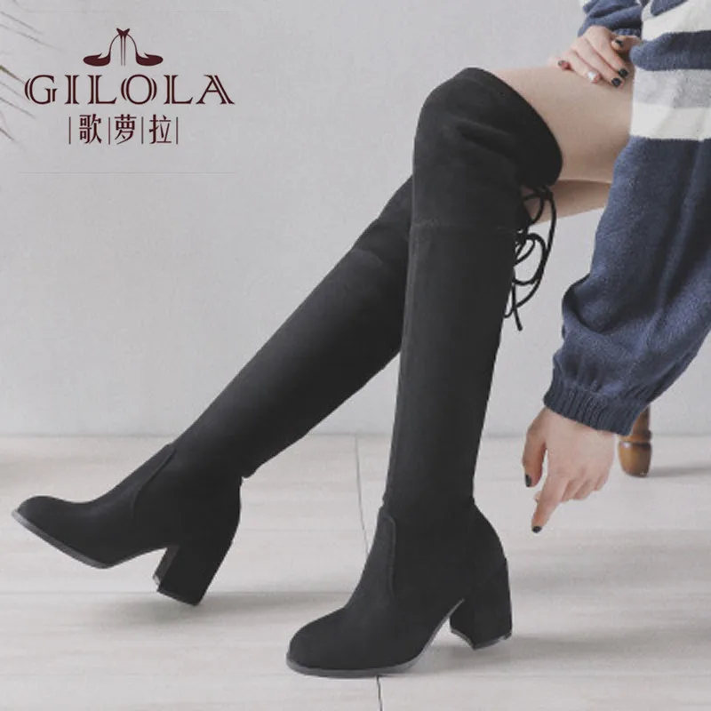 

Faux Suede Over The Knee Boots Platform High Heels Women Boots Warm Plush Motorcycle Shoes Woman Autumn Winter #Y0909113Q