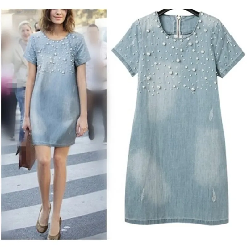 Large Size 5Xl Jeans Sundress Women's Casual Embroidery Beaded Denim Dresses Big Sizes Party Summer Dress
