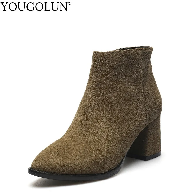 

YOUGOLUN Women Ankle Boots Cow Suede Autumn 2018 New Ladies Pointed toe Shoes Woman Green Beige Black High Thick Heels #B029