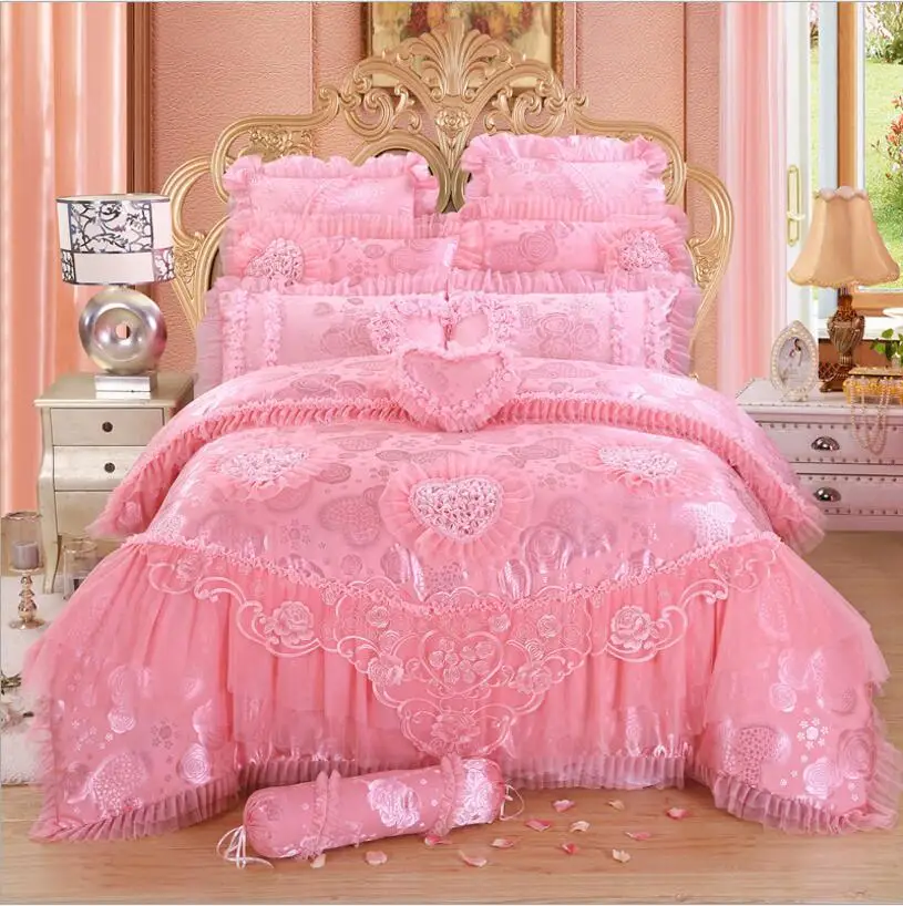 Conjunto de cama de princesa de renda rosa e vermelho, 4/2018 peças, conjunto de cama de luxo