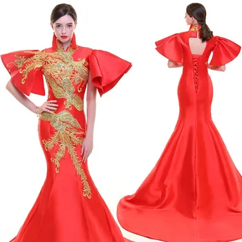 

Red Embroidery Phoenix Trailing Oriental Evening Party Dresses Woman Cheongsam Halter Qipao Chinese Dress Vestido Chines Robe