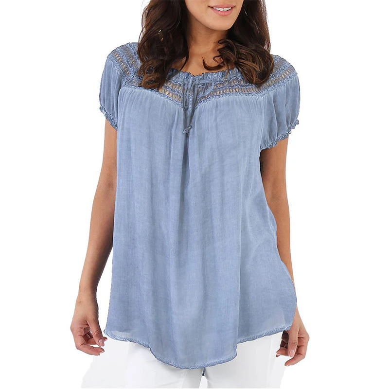 

Plus Size 2019 Women Blouses New Casual Loose Short Puff Sleeve Hollow Out Sexy Summer Solid Blouses Fashion Tops for Female