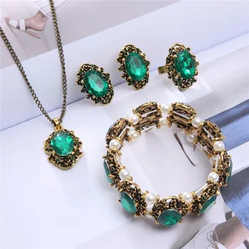 

4 in set vintage bronze plated kate princess green Jewelry sets Necklace Earrings bracelet rings 1105