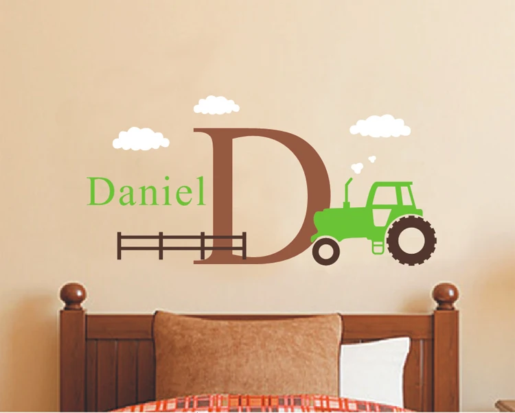 Large Tractor Wall Decal Set -Boys Name and Initial Decal -Personalized Cartoon Boy Decal
