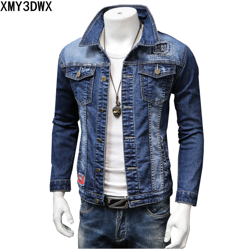 

Denim Jacket Men Blue Vintage Slim Casual Long Sleeve Retro Stitching Outerwear 2019 autumn Design jean Jackets Coat with pocket
