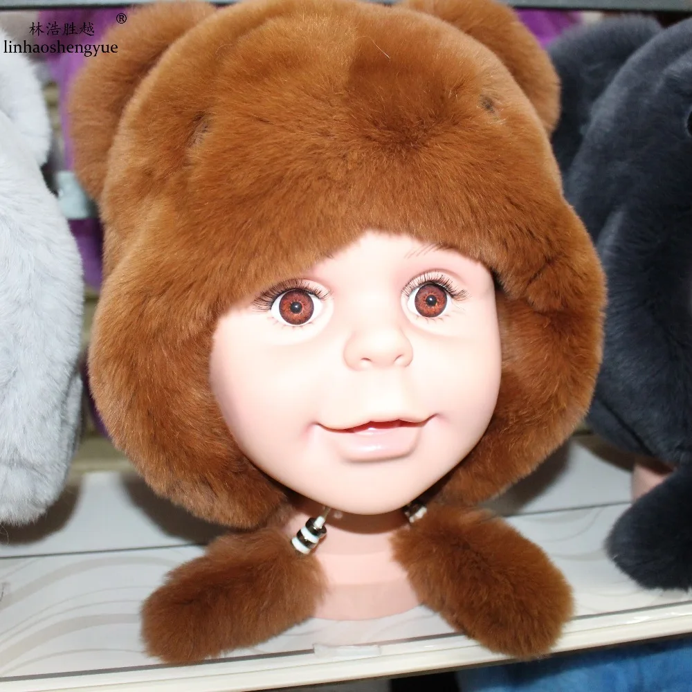 

Linhaoshengyue Natural Rex rabbit skin cap for Baby Little bear lovely and warm