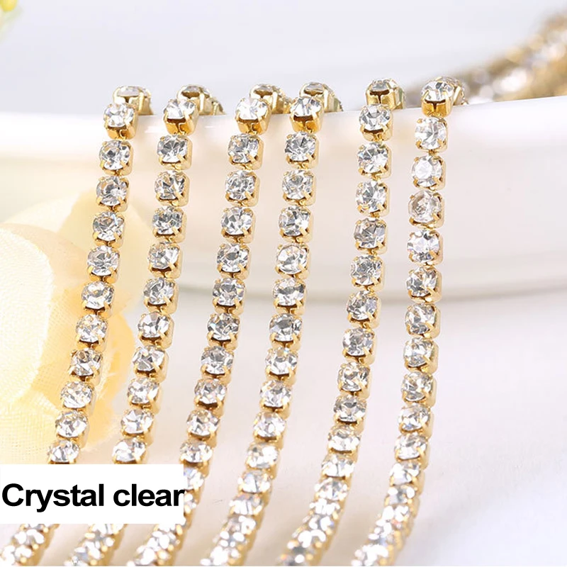 3yards/piece 17colors glass crystal Rhinestones chain, Gold bottom sew on Cup Chains For diy Sewing Clothes Accessories