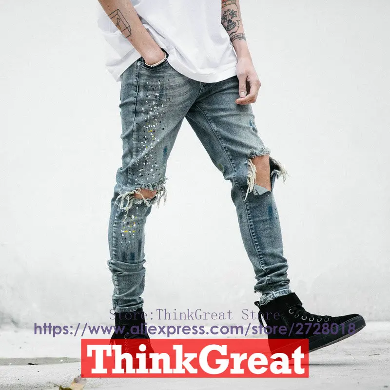 

High Quality Mens Ripped Biker Jeans Slim Fit Motorcycle Jeans Men Vintage Distressed Denim Jeans Pants fear of god