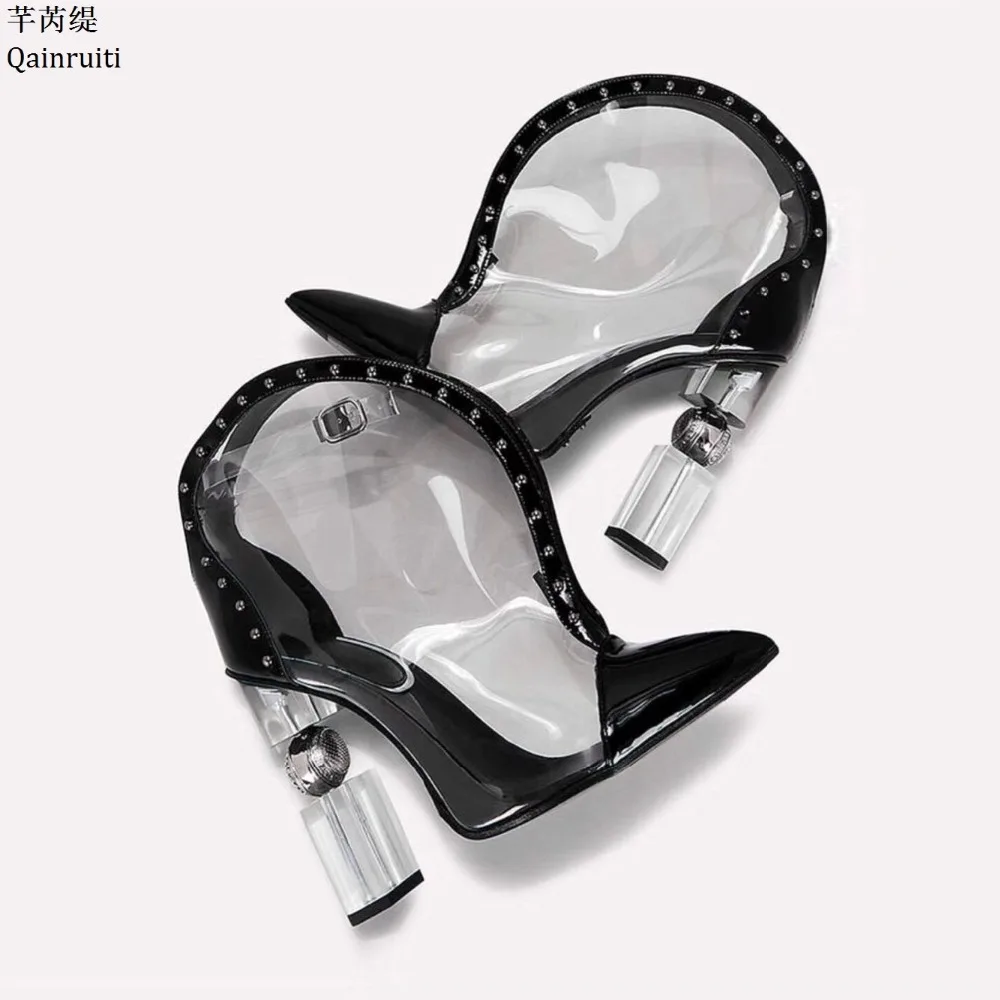 

Qianruiti Transparent PVC Women Rainboots Shoes Pointed Toe Slip-On High Heels Shoes Ankle Buckle Clear Block Heels Women Pumps