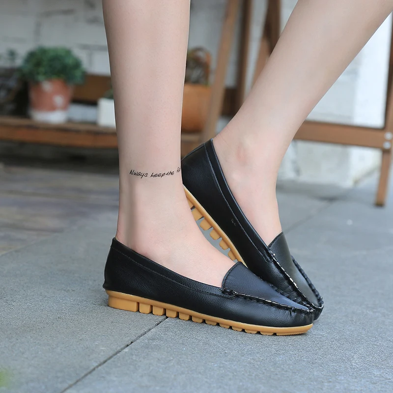 Autumn Spring Women Loafers Leather Slip on Shoes White Woman Shoes Ladies Solid Flats Boat Black zapatos mujer 2433