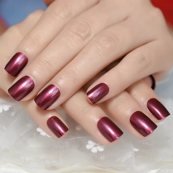 Short Dark Red Pearl Shimmer Press On Nails Simple Square Shiny Surface Fake Nail Beauty Sexy Acrylic Nails 24pcs Leather Bag