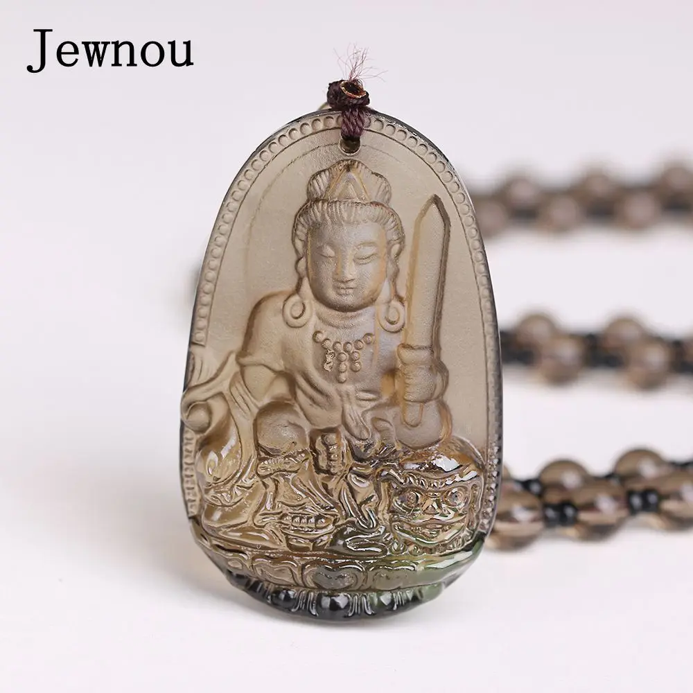 

Jewnou Smoky Quartz Long Necklace Buddha Bead Chain Men Amulets Fashion Women Jewelry Match Pendant Personalized Father Day Gift
