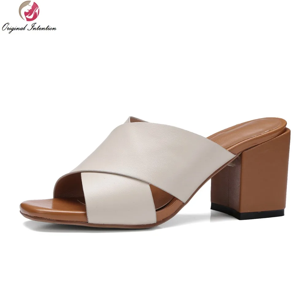 

Original Intention Women Sandals Sheepskin Open Toe Square Heels Sandals High-quality Black Beige Shoes Woman US Size 3.5-13