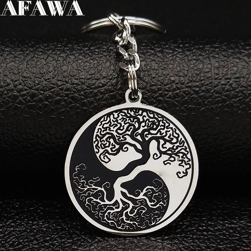 

2019 Fashion yin yang Tree of Life Stainless Steel Keyring for Men Black Color Key Chain Car Jewelry llaveros mujer K775813B