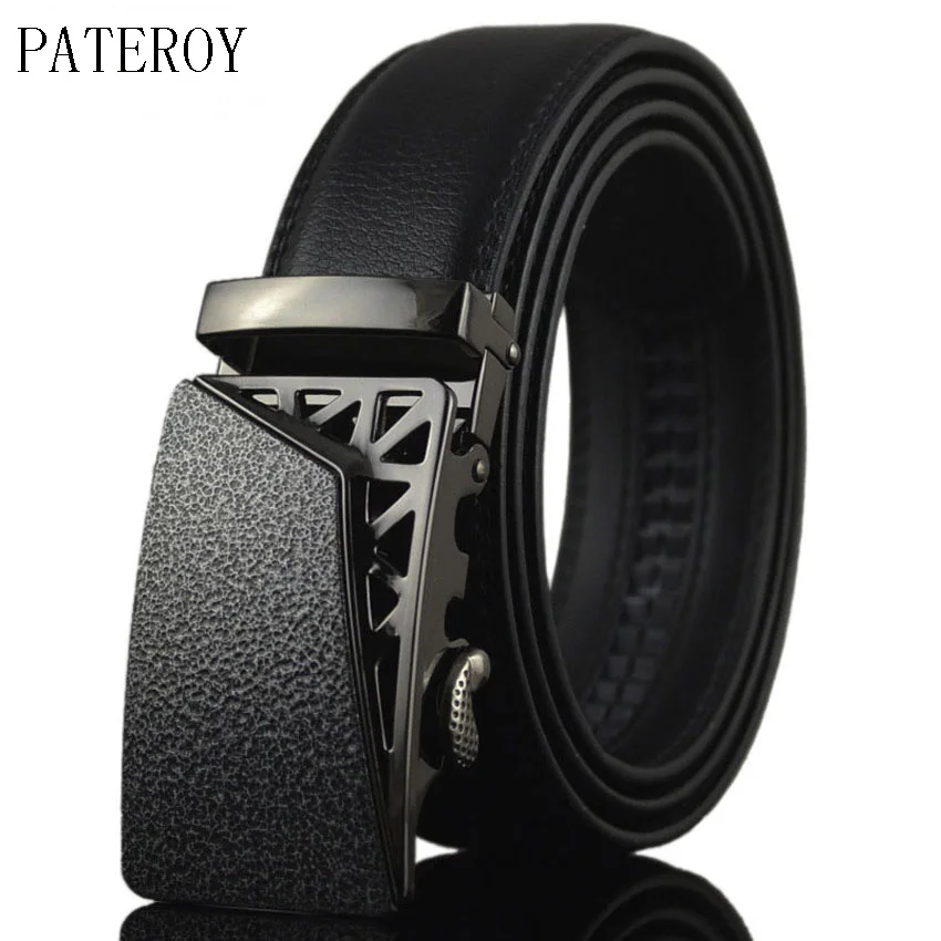 

[PATEROY] Leather Belt Men Designer Belts Cinturones Hombre Adult Formal Geometric Cowskin Metal Automatic Buckle Ceinture Homme