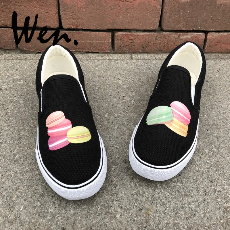 

Wen Design Food Colored Macarons Dessert Buns Black White 2 Colors Men Skateboard Canvas Shoes Slip On Women Platform Sneakers